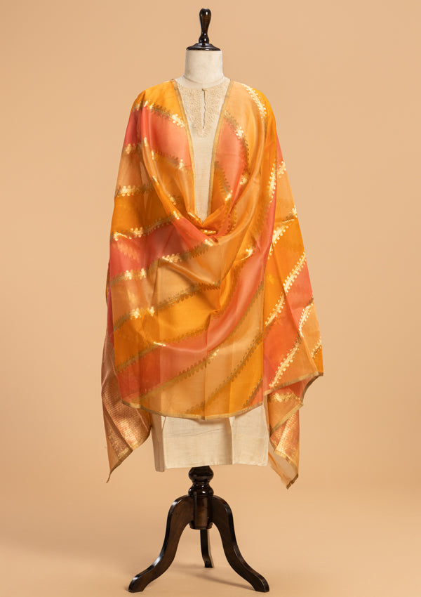Peach Orange Kadwa Kora Silk Dupatta