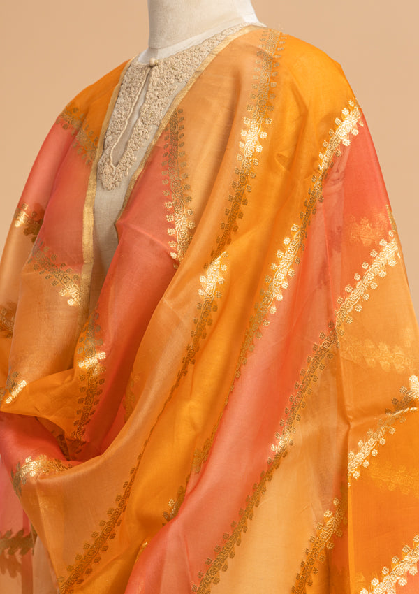 Peach Orange Kadwa Kora Silk Dupatta