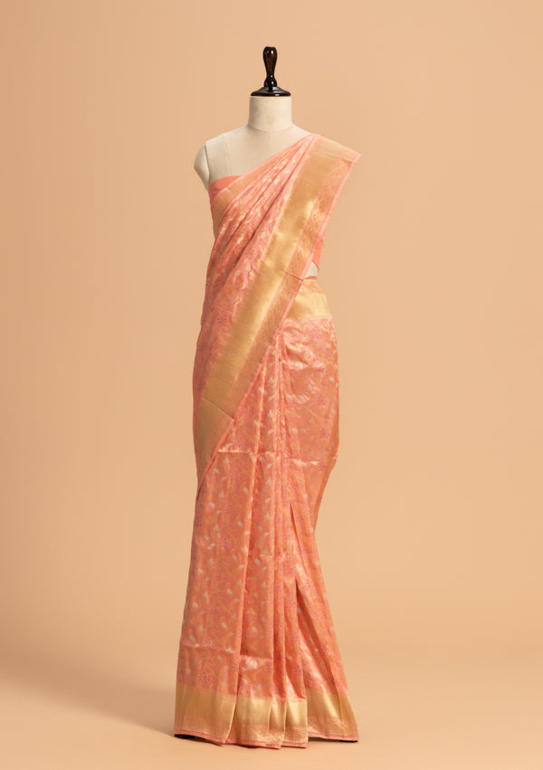 Peach Jamdani Silk Saree