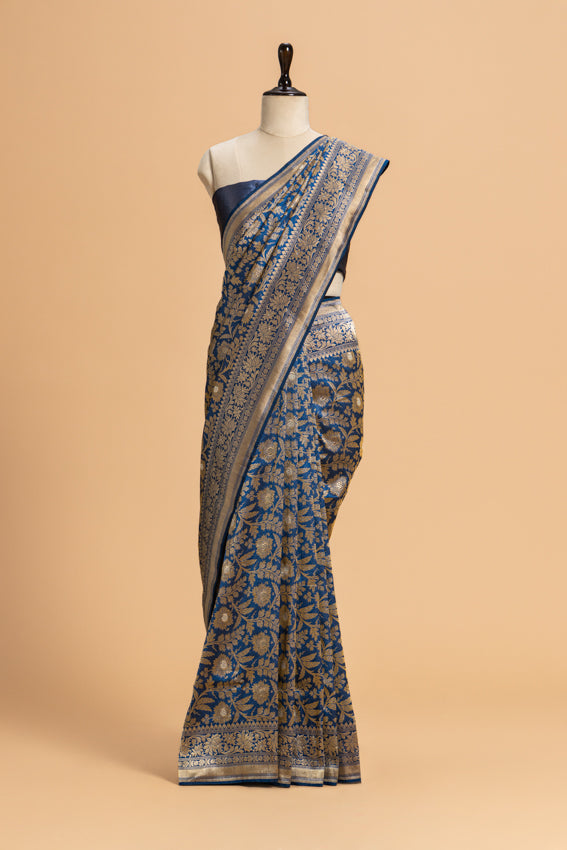 Royal Blue Brocade Saree in Silk