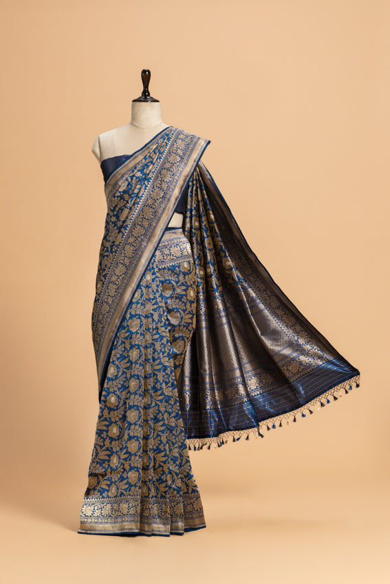 Royal Blue Brocade Saree in Silk
