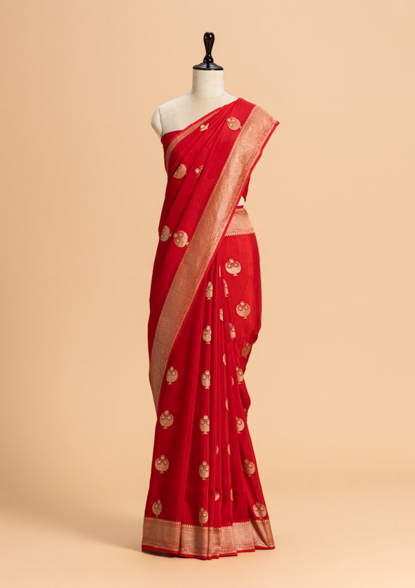 Red Kadwa Butta Muslin Silk Saree