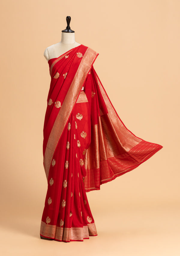 Red Kadwa Butta Muslin Silk Saree