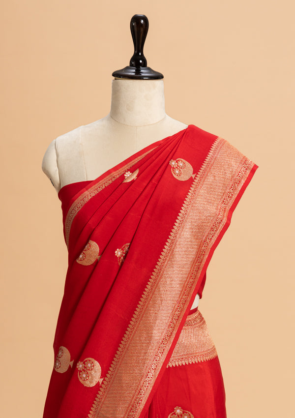 Red Kadwa Butta Muslin Silk Saree
