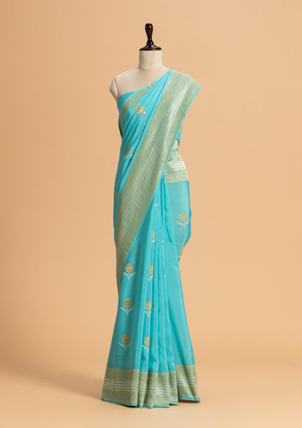 Firozi Kadwa Butta Muslin Silk Saree