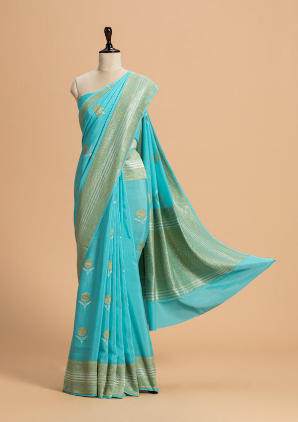 Firozi Kadwa Butta Muslin Silk Saree