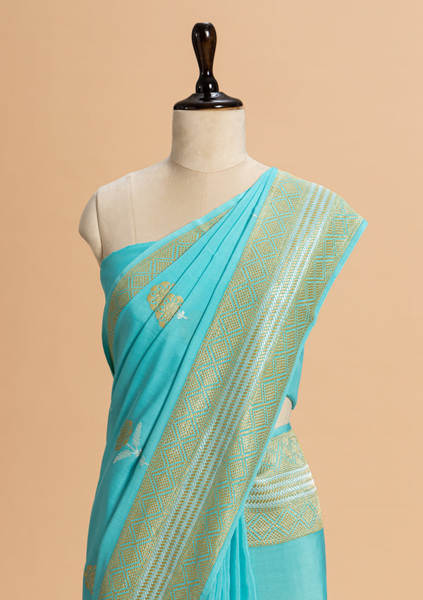 Firozi Kadwa Butta Muslin Silk Saree