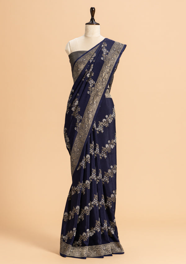 Navy Blue Kadwa Muslin Silk Saree