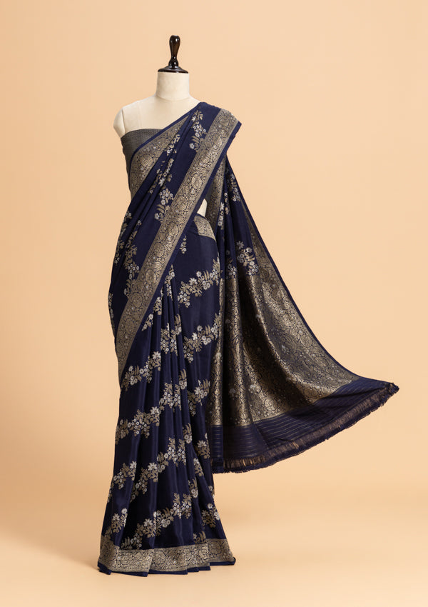 Navy Blue Kadwa Muslin Silk Saree