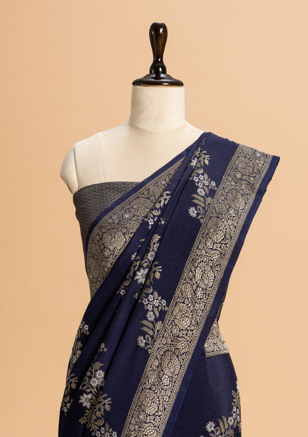 Navy Blue Kadwa Muslin Silk Saree