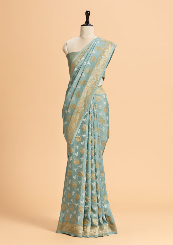 Sky Blue Kadwa Butta Muslin Silk Saree