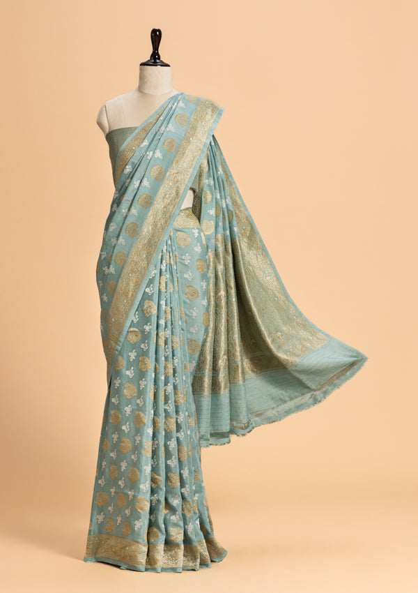 Sky Blue Kadwa Butta Muslin Silk Saree