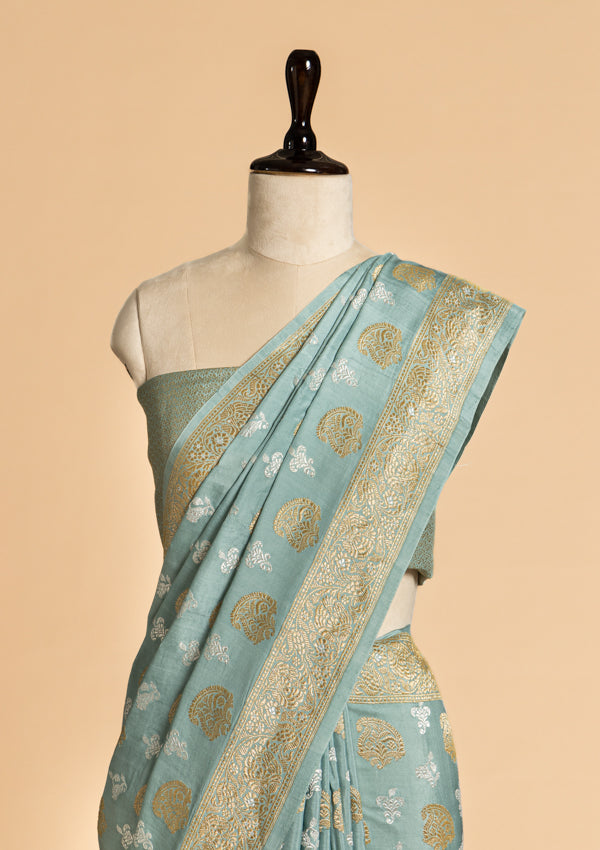 Sky Blue Kadwa Butta Muslin Silk Saree