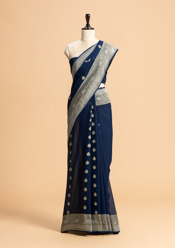 Navy Blue Kadwa Butta Georgette Saree