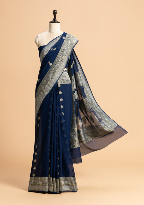 Navy Blue Kadwa Butta Georgette Saree