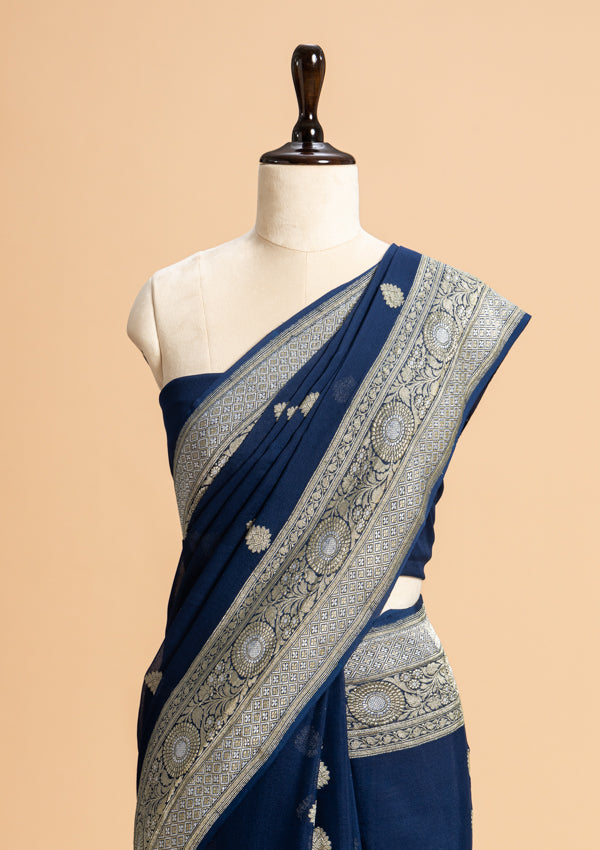 Navy Blue Kadwa Butta Georgette Saree