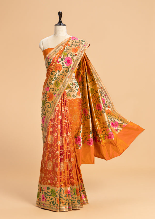 Rust Orange Paithani Silk Saree