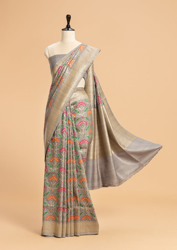 Grey Jamdani Jaal Georgette Tussar Saree