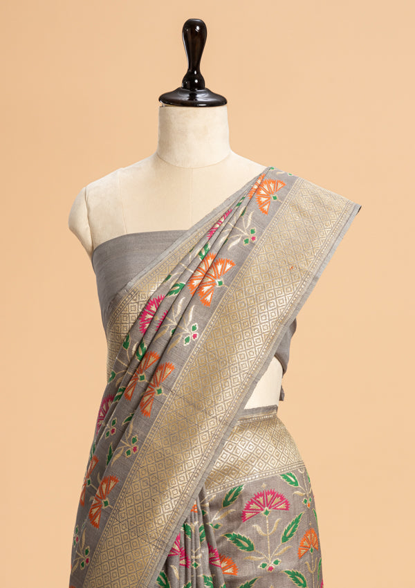 Grey Jamdani Jaal Georgette Tussar Saree