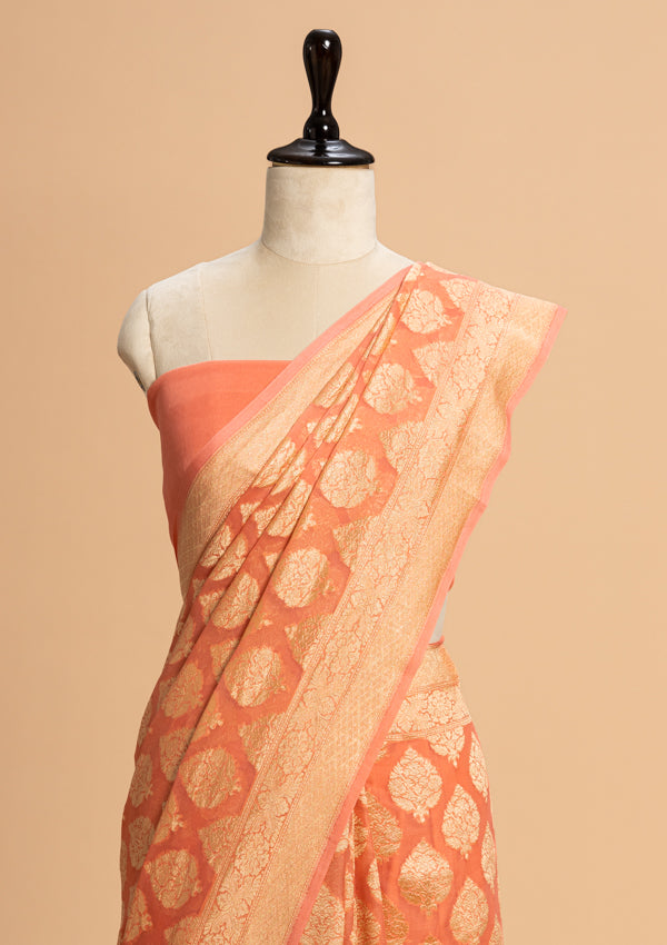 Peach Jamdani Georgette Saree