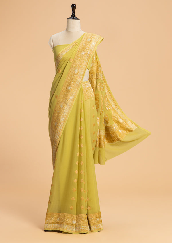 Light Green Kadwa Butta Georgette Saree