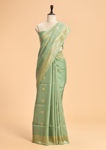 Pista Meenkari Pallu Georgette Tussar Saree