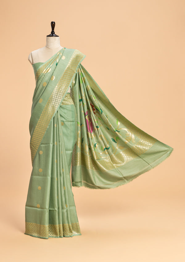 Pista Meenkari Pallu Georgette Tussar Saree