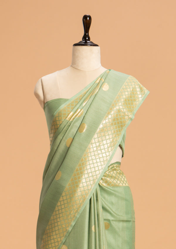 Pista Meenkari Pallu Georgette Tussar Saree