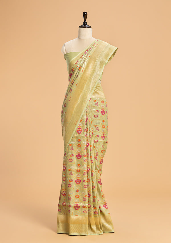 Pista Jamdani Jaal Georgette Tussar Saree