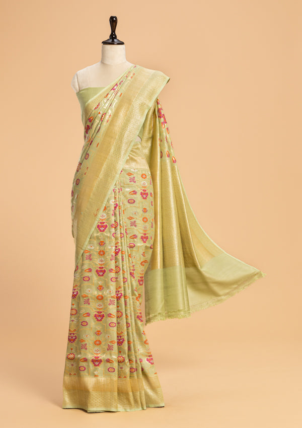 Pista Jamdani Jaal Georgette Tussar Saree